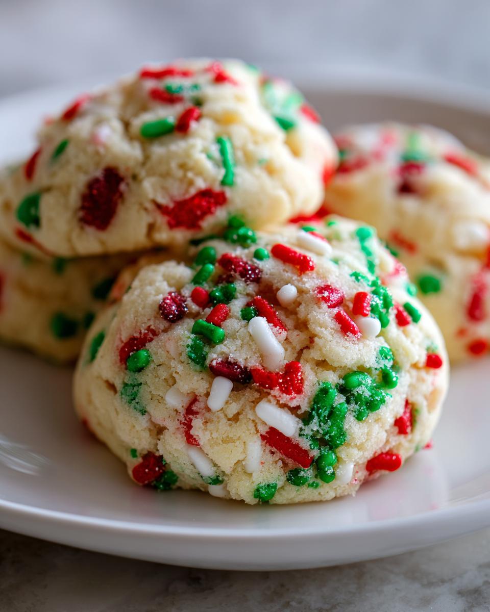 Close-up of soft, round christmas sprinkle sugar cookies loaded with red, green, and white sprinkles.
