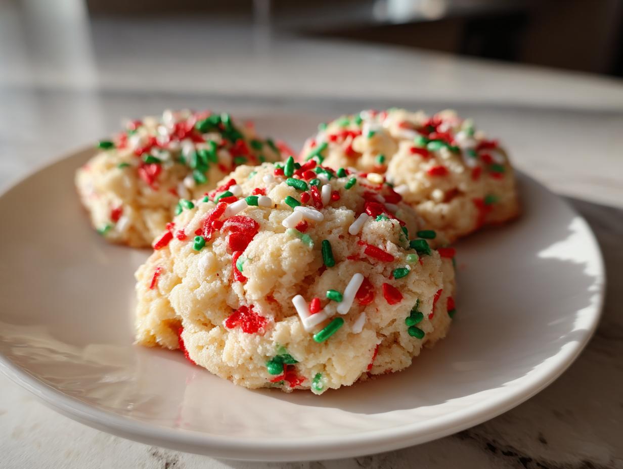 Close-up of three soft christmas sprinkle sugar cookies topped with red, green, and white sprinkles on a white plate.