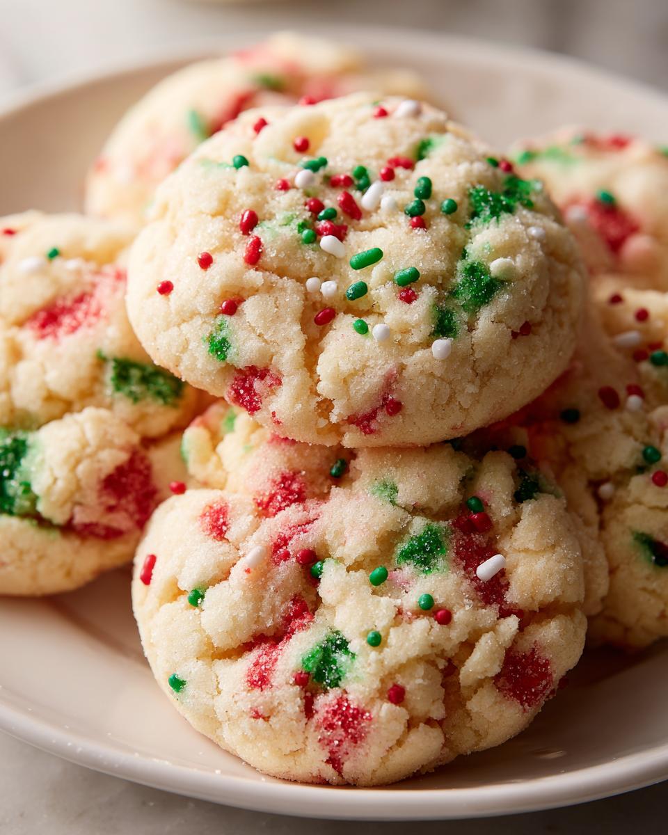 A stack of soft, chewy christmas sprinkle sugar cookies topped with red, green, and white sprinkles.