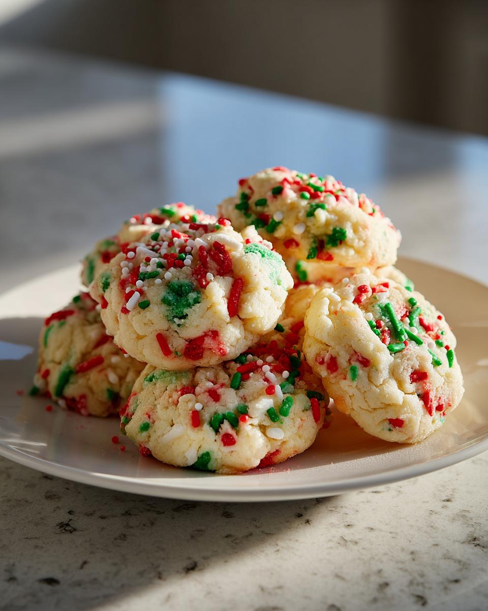 A small stack of soft, round christmas sprinkle sugar cookies decorated with red, green, and white holiday sprinkles.