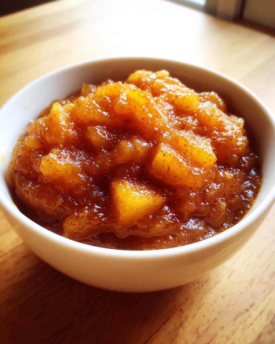 Close-up of chunky, spiced homemade applesauce served in a small white bowl on a wooden surface.