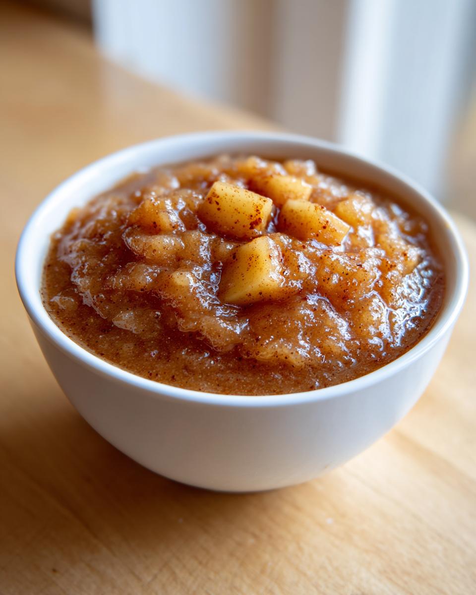 Close-up of chunky, spiced homemade applesauce served in a white bowl on a wooden surface.