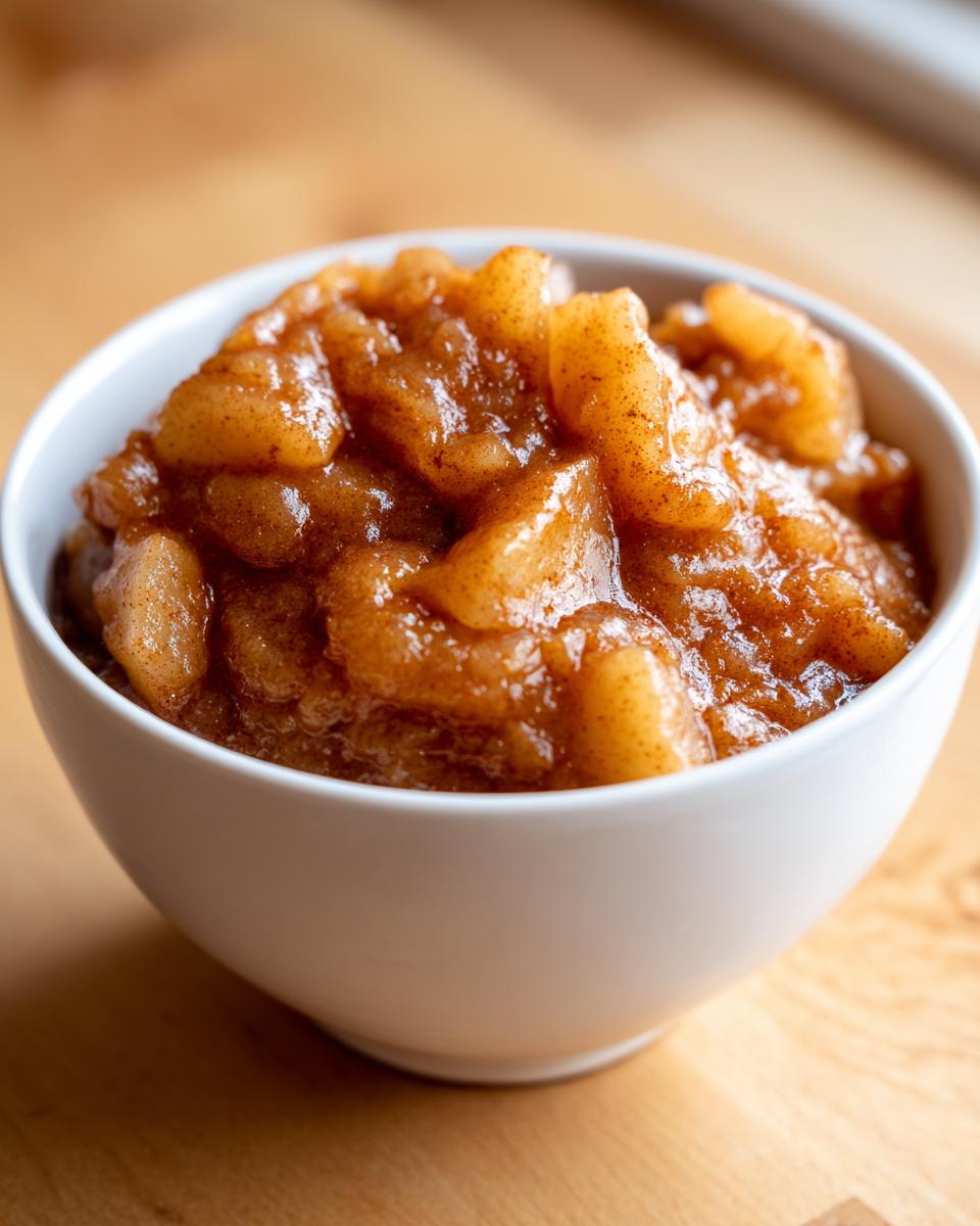 Close-up of chunky, spiced applesauce served in a small white bowl on a wooden surface.