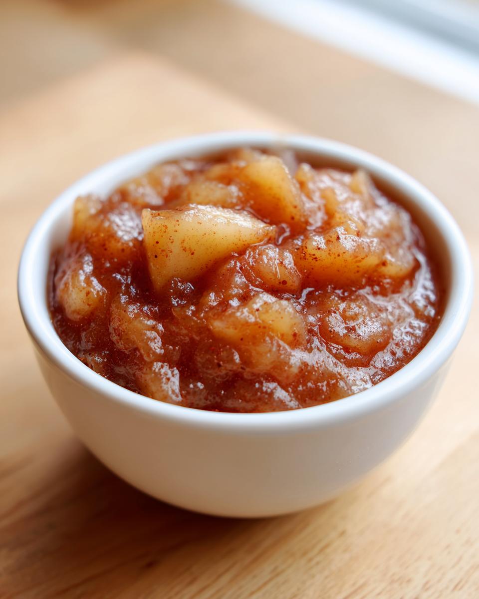 Close-up of chunky, spiced applesauce in a small white bowl resting on a light wooden surface.
