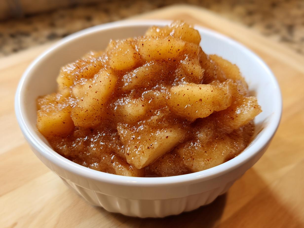 Close-up of chunky spiced applesauce, rich with cinnamon, served in a small white bowl.
