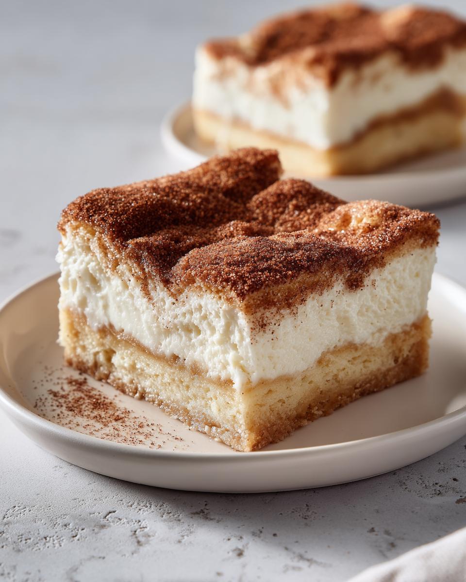 Close-up of a square slice of churro cheesecake with a thick creamy layer and a heavy cinnamon-sugar topping.