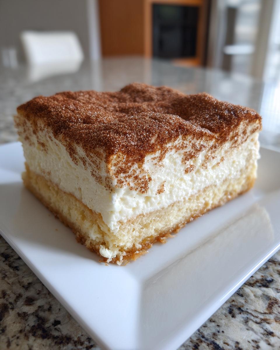 Close-up of a square slice of churro cheesecake with a thick cream cheese layer and cinnamon sugar topping.
