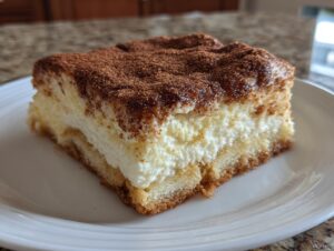 A square slice of rich churro cheesecake featuring a thick cream layer and a cinnamon-sugar topping.