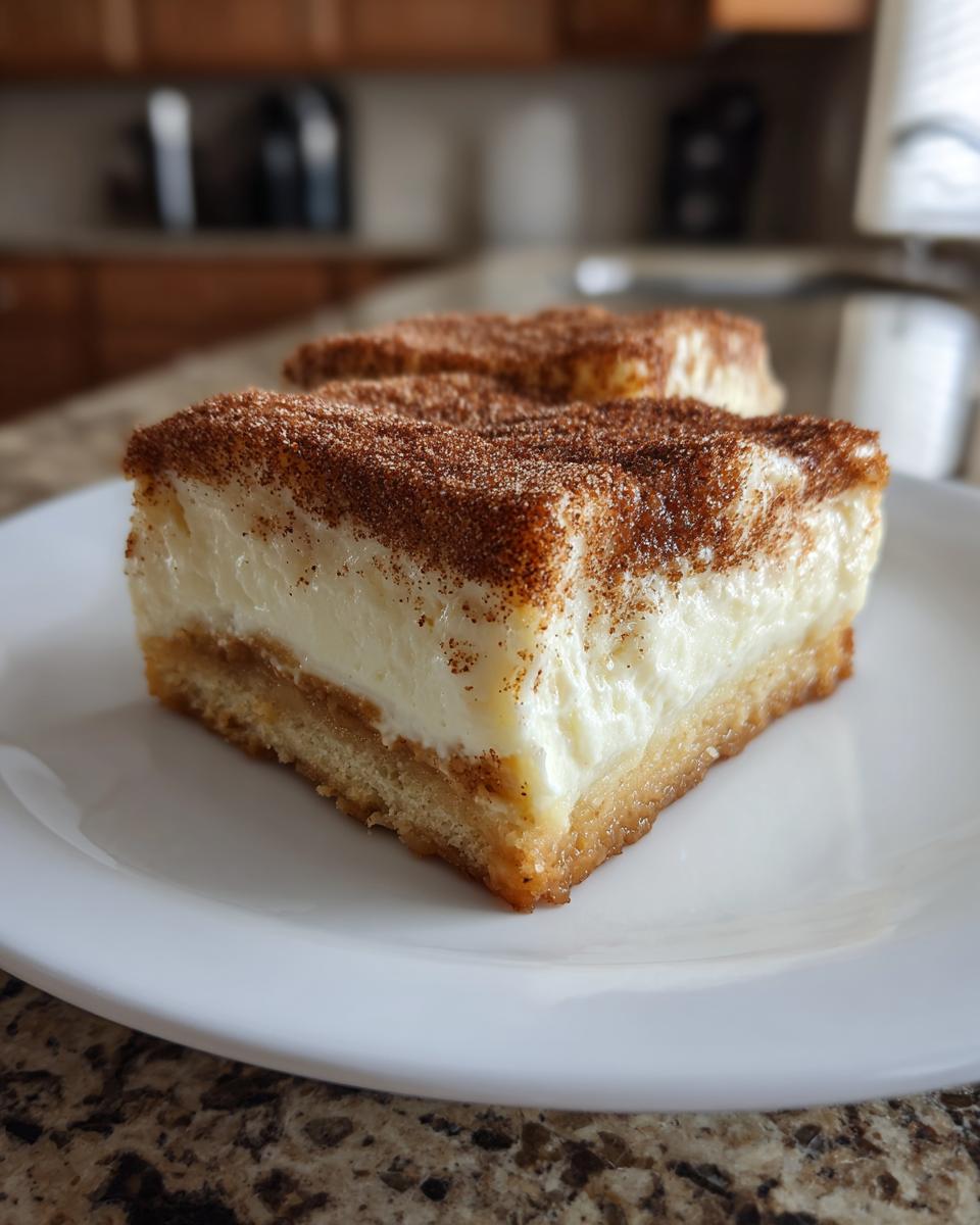 A close-up of a square slice of churro cheesecake with a thick creamy layer and a heavy cinnamon-sugar topping.