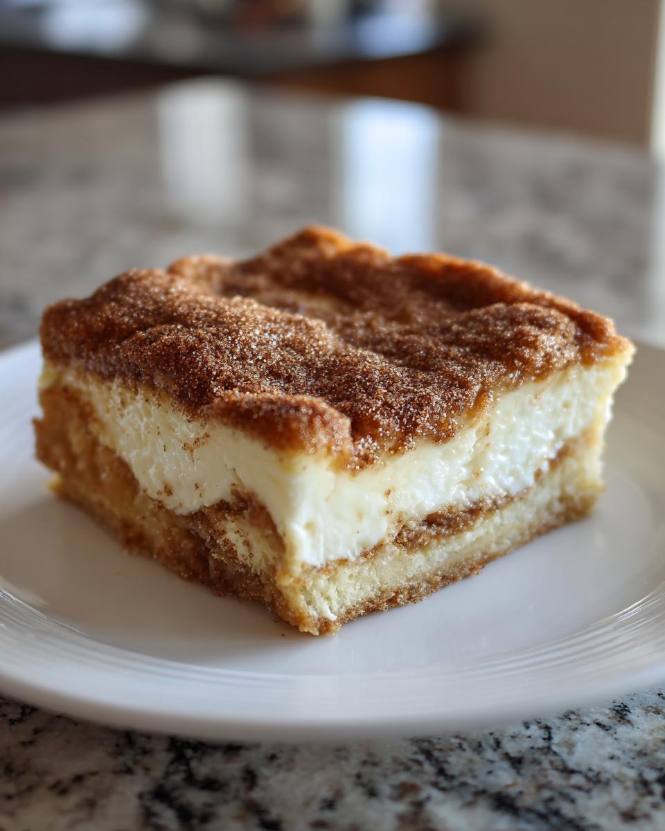 A square slice of amazing churro cheesecake topped generously with cinnamon sugar.