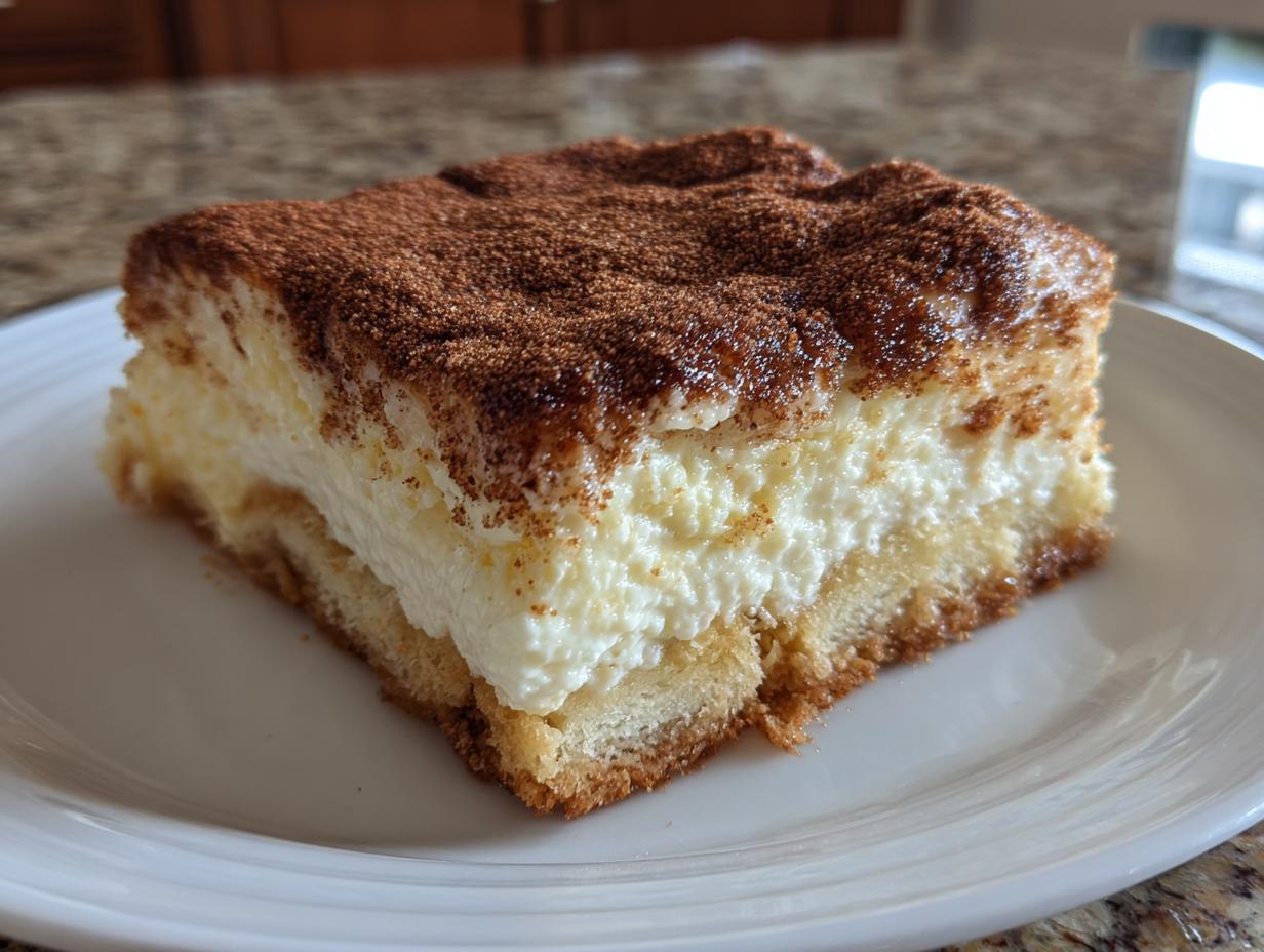 A square slice of rich churro cheesecake featuring a thick cream layer and a cinnamon-sugar topping.