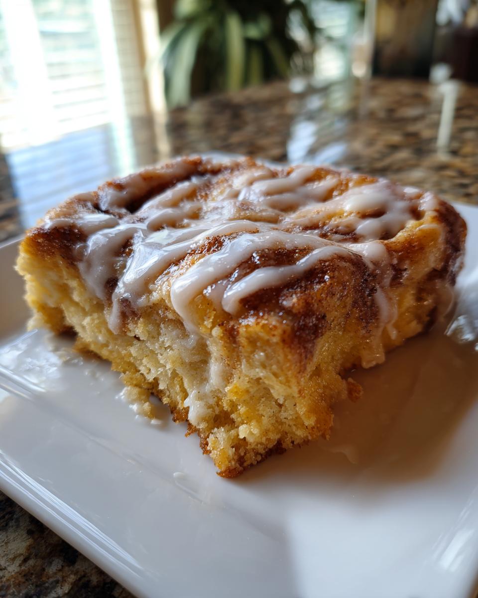 A close-up of a square serving of warm Cinnamon roll casserole topped with white icing on a white plate.