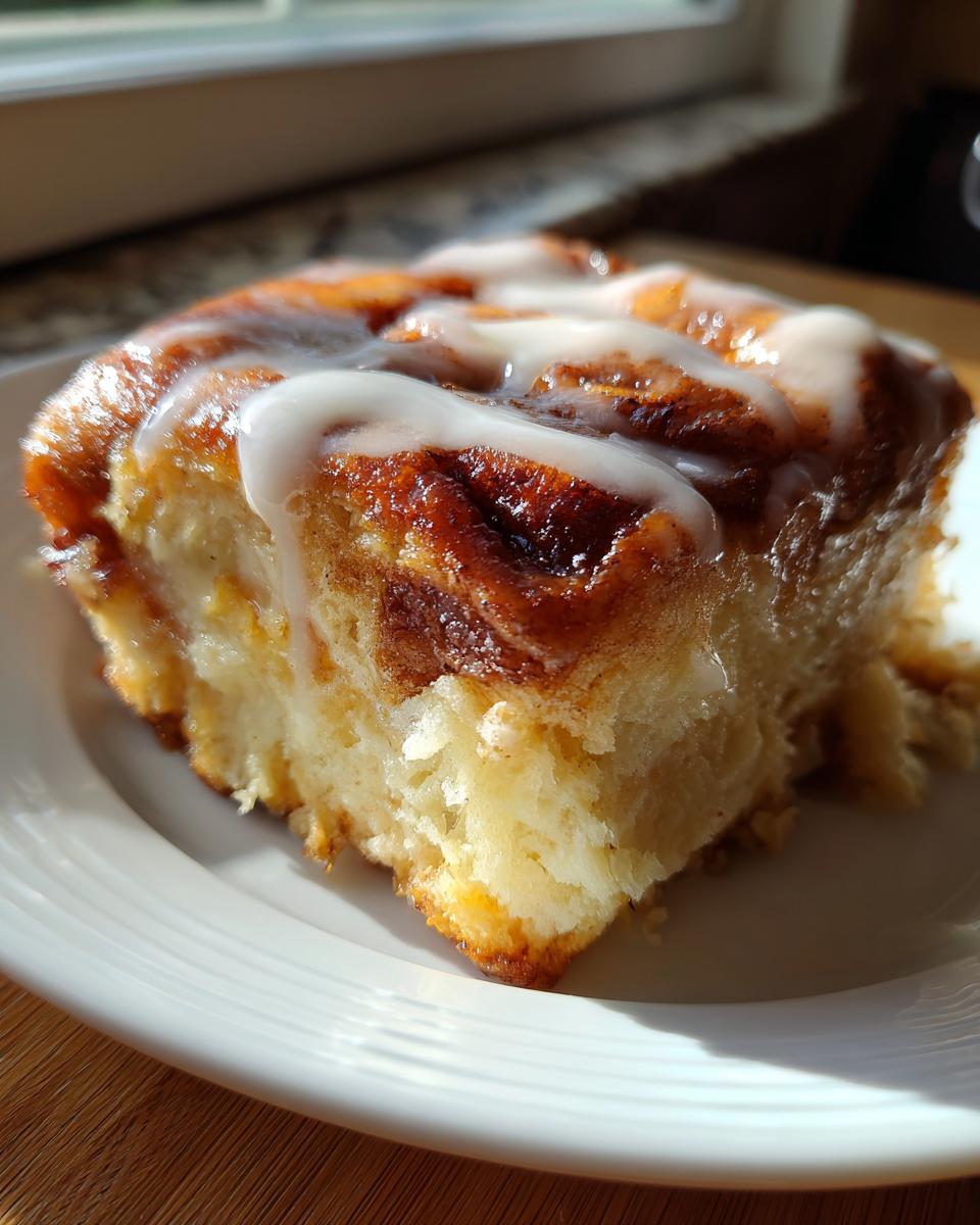 A close-up of a warm, gooey slice of cinnamon roll casserole topped with white icing.