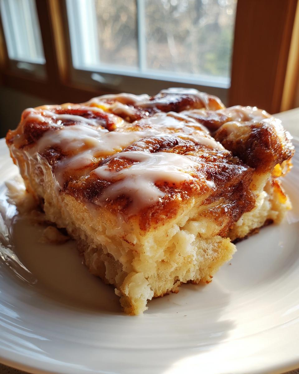Close-up of a square slice of soft Cinnamon roll casserole topped with white icing, sitting on a white plate.