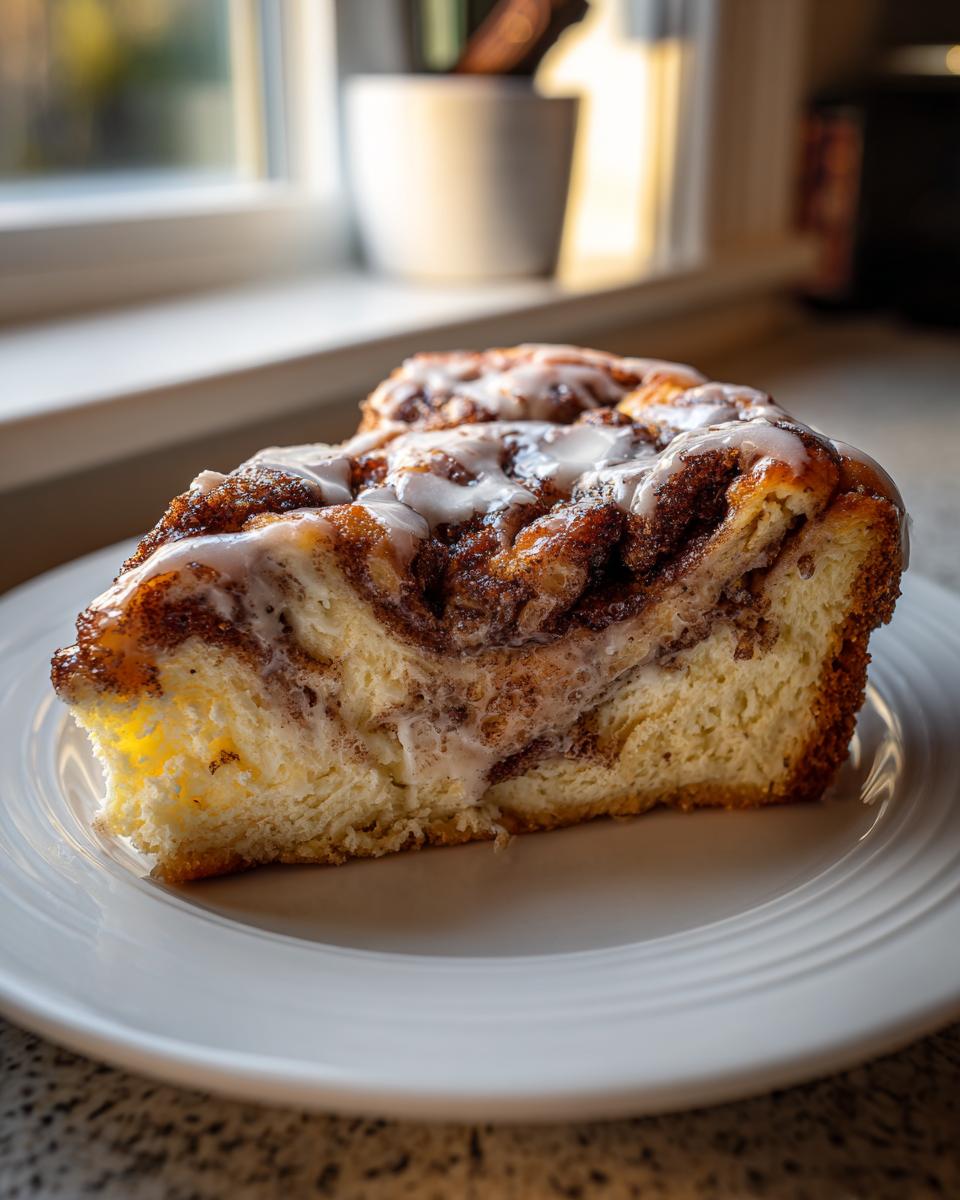 A close-up of a rich slice of cinnamon roll cheesecake topped with white icing.