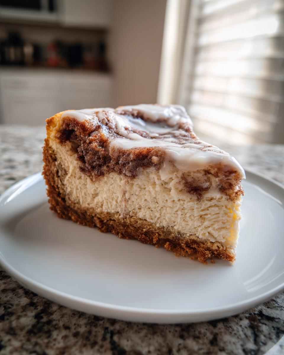 A thick slice of cinnamon roll cheesecake featuring a graham cracker crust, creamy filling, and sweet vanilla icing swirl.