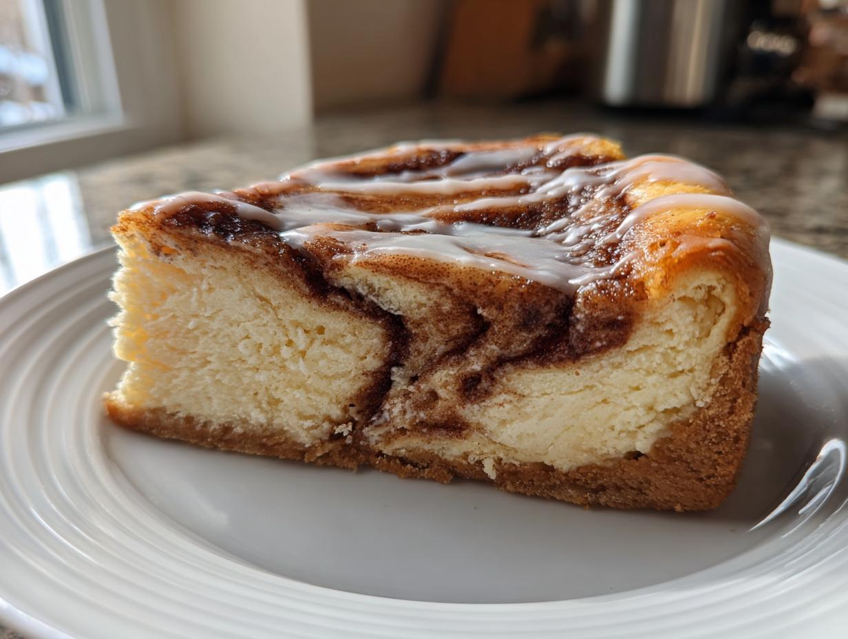 A close-up of a thick slice of cinnamon roll cheesecake with a cinnamon swirl and white icing on a white plate.