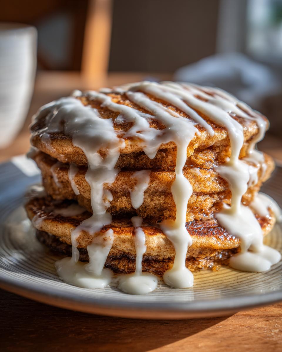 Close-up of a stack of fluffy cinnamon roll pancakes generously drizzled with white cream cheese icing.