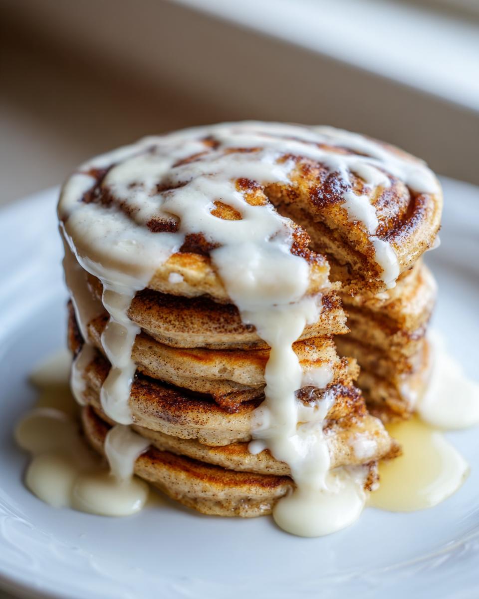 A tall stack of fluffy cinnamon roll pancakes drizzled heavily with white cream cheese icing.