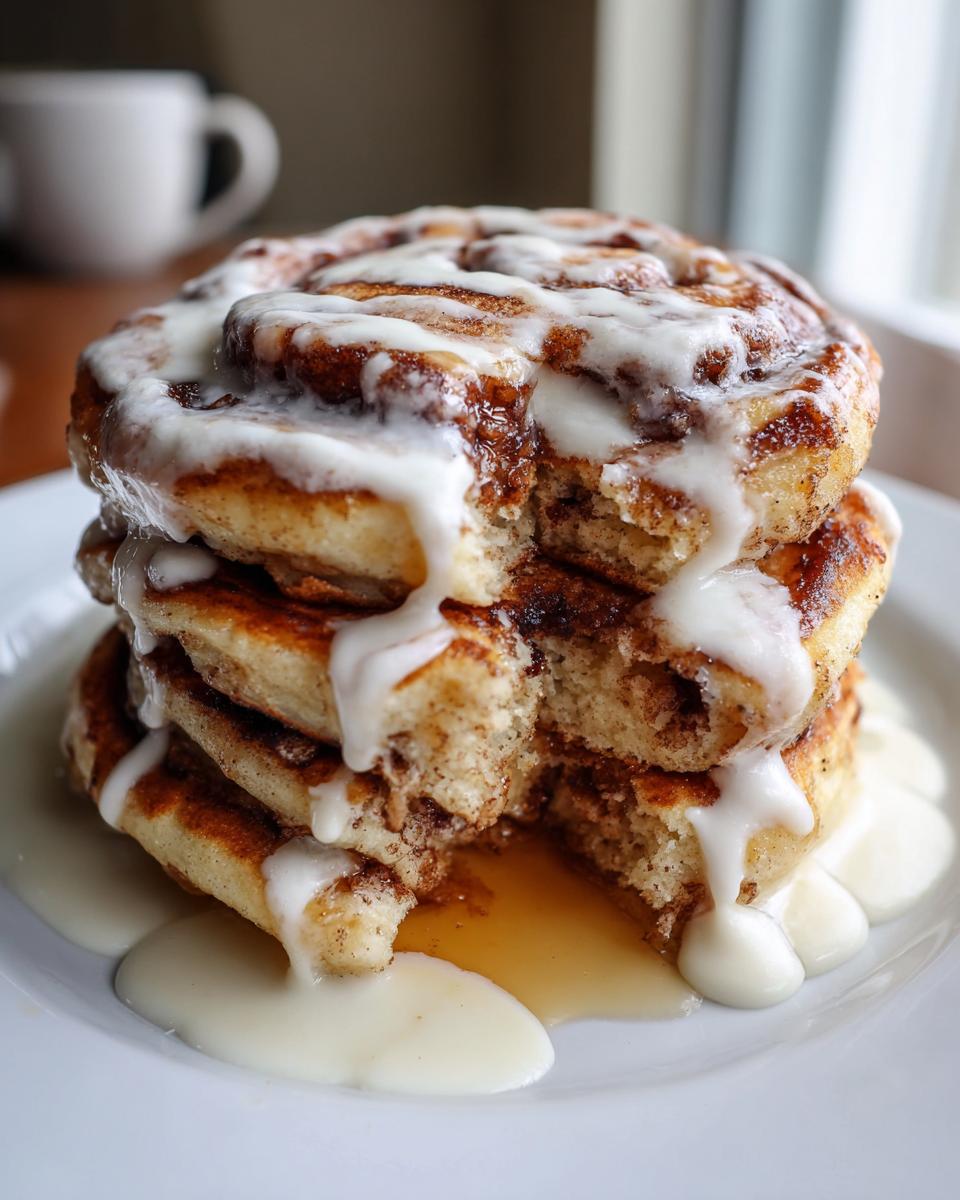 Close-up of a stack of three cinnamon roll pancakes, drizzled heavily with white icing and syrup.