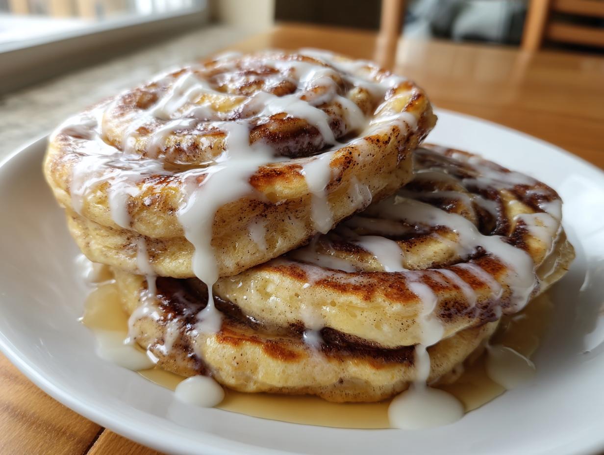 A close-up stack of three cinnamon roll pancakes drizzled generously with white icing and syrup.