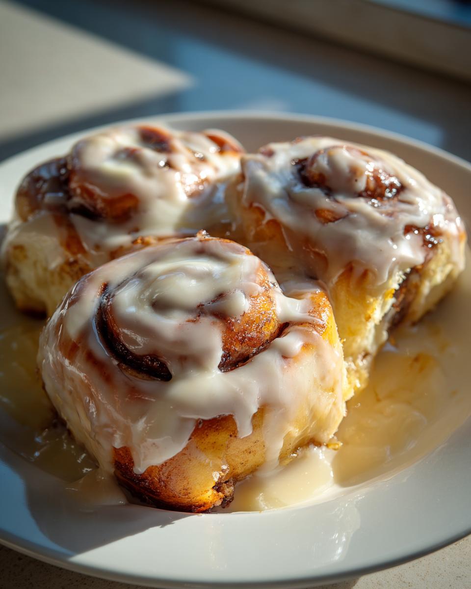 Three freshly baked cinnamon rolls with thick white icing, likely made with heavy cream, served on a white plate.