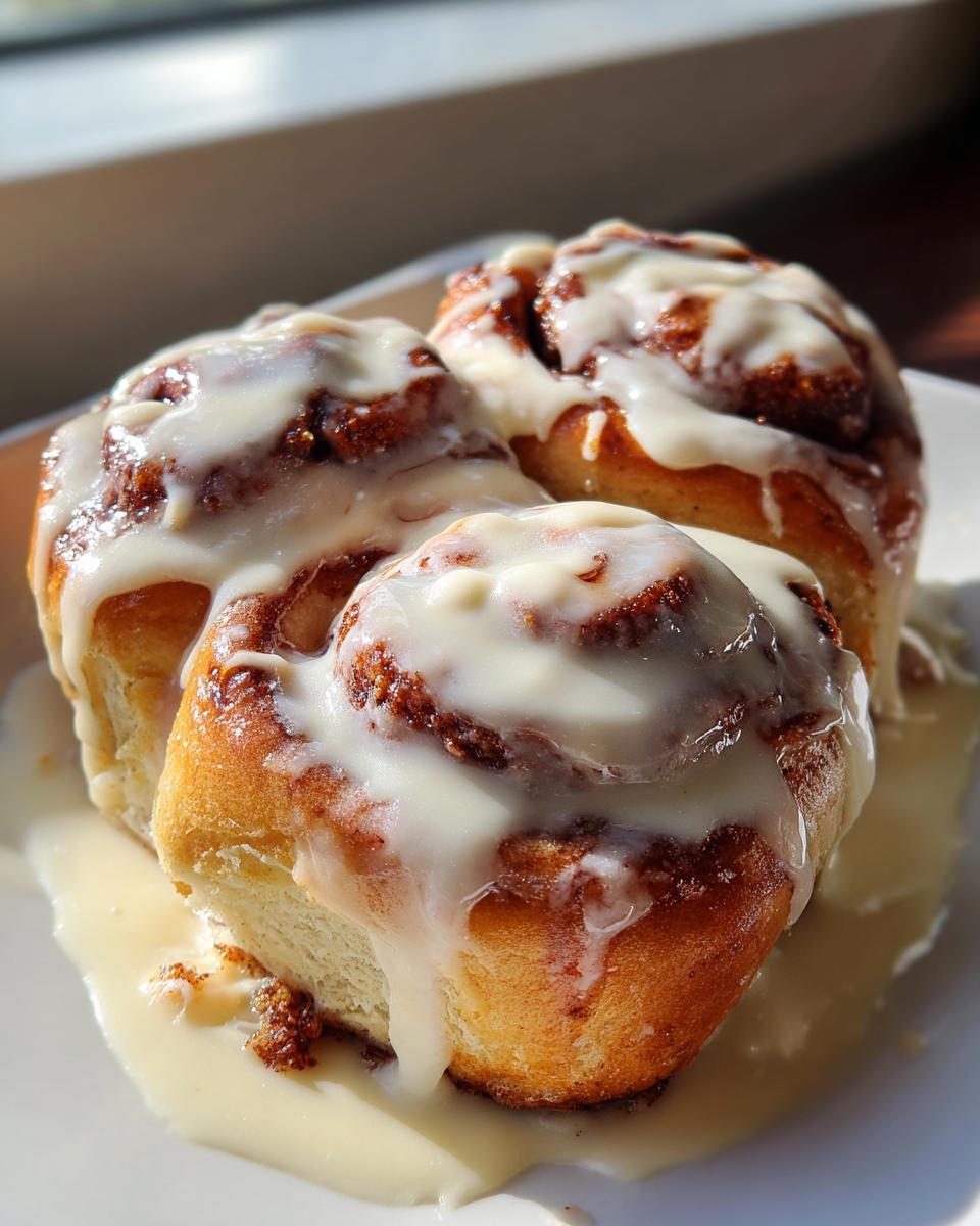 Three freshly baked cinnamon rolls with heavy cream icing generously drizzled over them, sitting on a white plate.