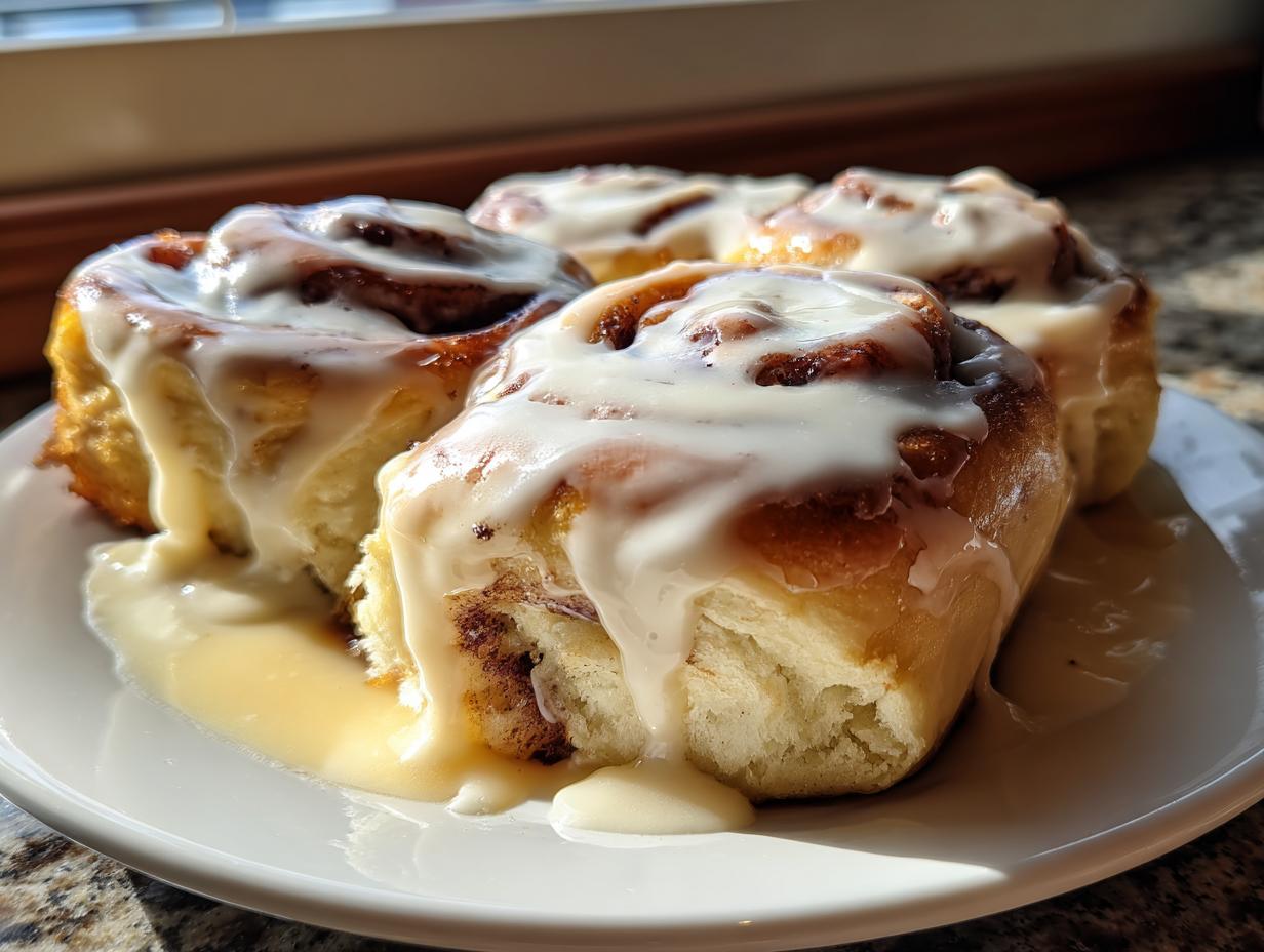 Four fluffy, freshly baked cinnamon rolls with thick, dripping white icing, served on a white plate.