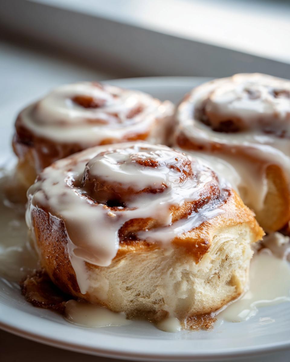 Three fluffy cinnamon rolls with thick, glossy icing made with heavy cream, served on a white plate.