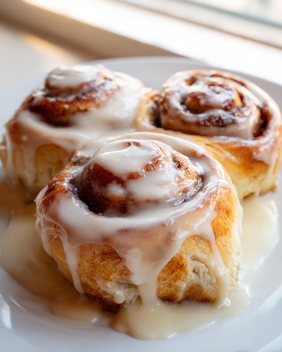 Close-up of three freshly baked cinnamon rolls with thick, dripping white icing, likely made with heavy cream.