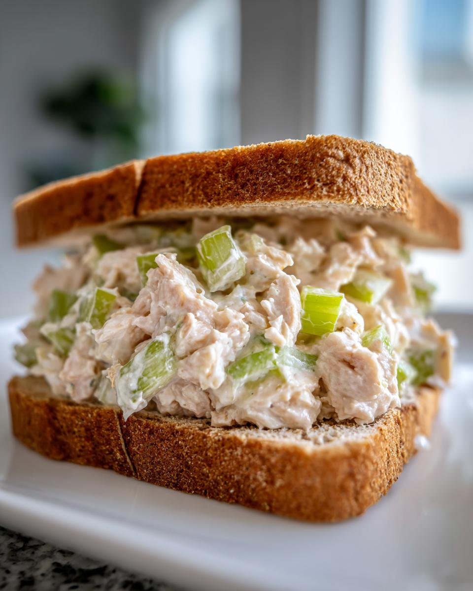 A generous portion of creamy chicken salad sandwich filling with celery chunks between two slices of whole wheat bread.