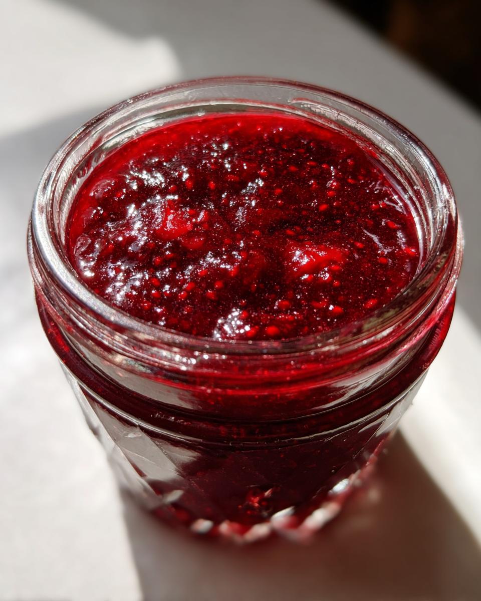 Close-up overhead view of vibrant, deep red homemade christmas jam filling a clear, textured glass jar.