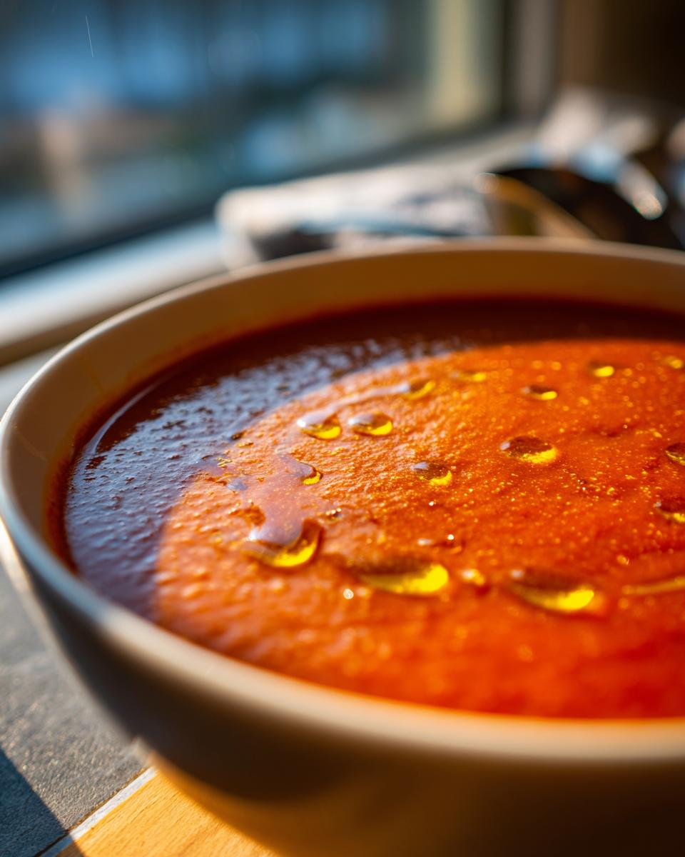 A close-up, vibrant orange bowl of rich roasted tomato soup topped with glistening droplets of olive oil.