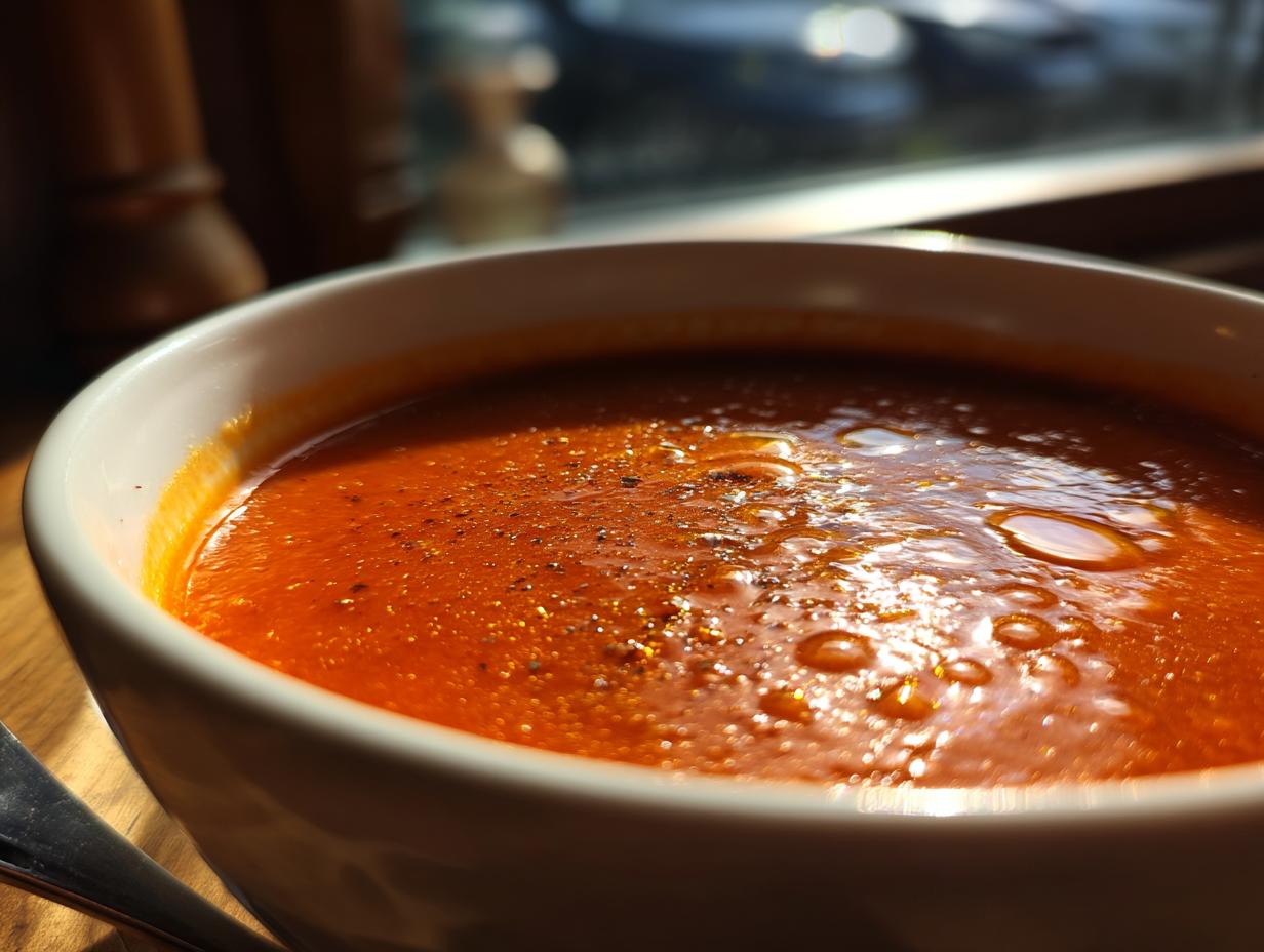 A close-up, sunlit view of rich, bright orange roasted tomato soup topped with pepper flakes in a white bowl.