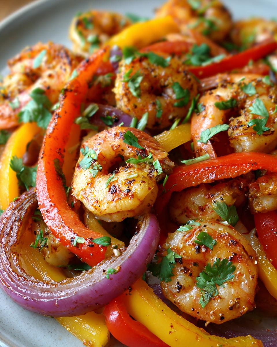 Close-up of perfectly seasoned shrimp fajitas mixed with sautéed red, yellow bell peppers, and purple onion slices.