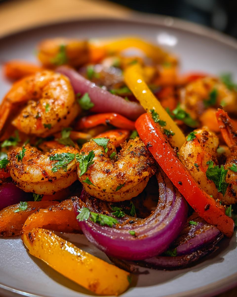 Close-up of perfectly seasoned shrimp fajitas mixed with sautéed red onion, yellow, and red bell peppers.