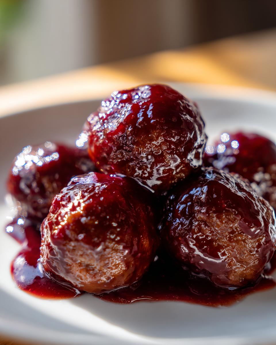 A close-up of several cocktail meatballs coated in a thick, glossy, dark red sauce.