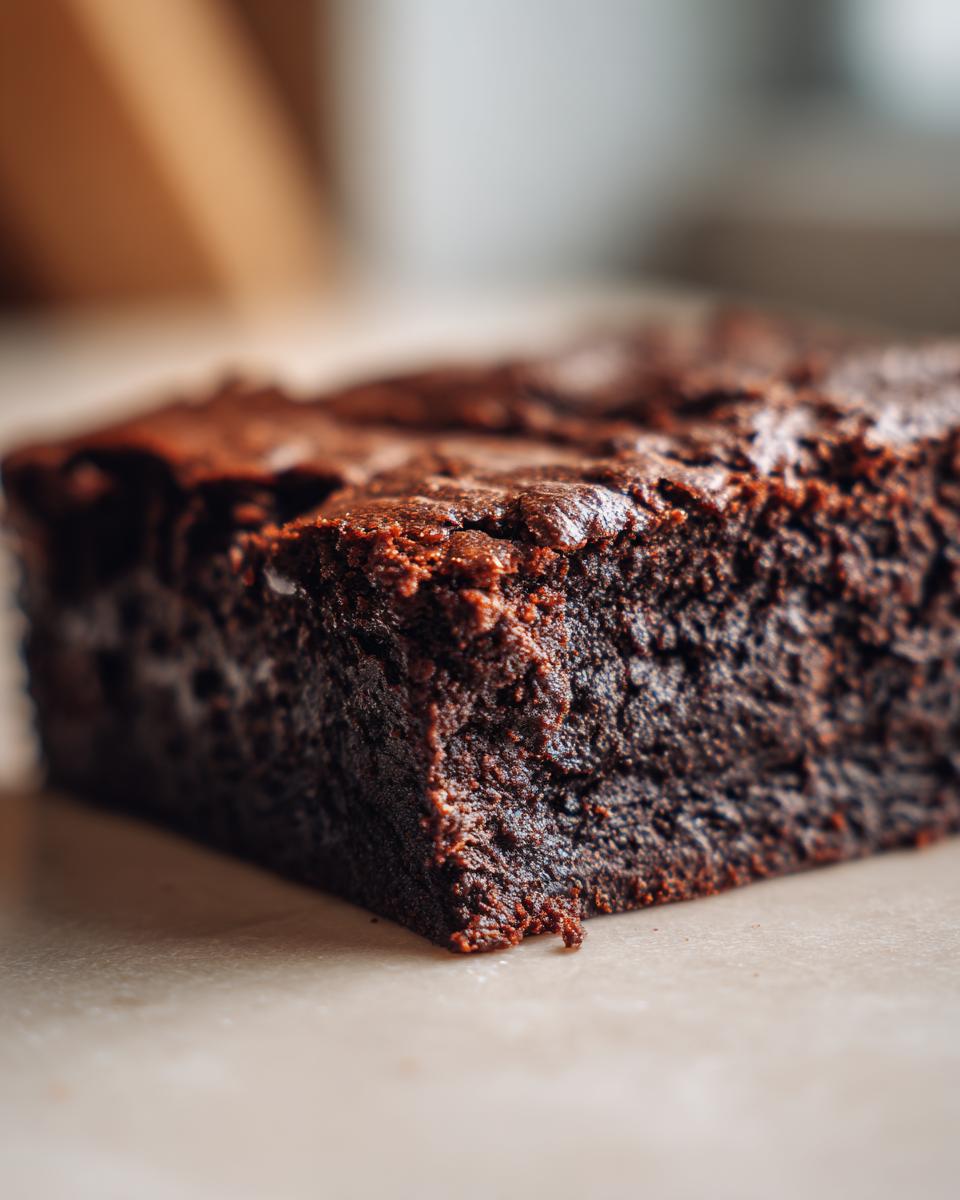 Extreme close-up of a rich, dark chocolate square of Cottage Cheese Microwave Brownie showing a fudgy texture.