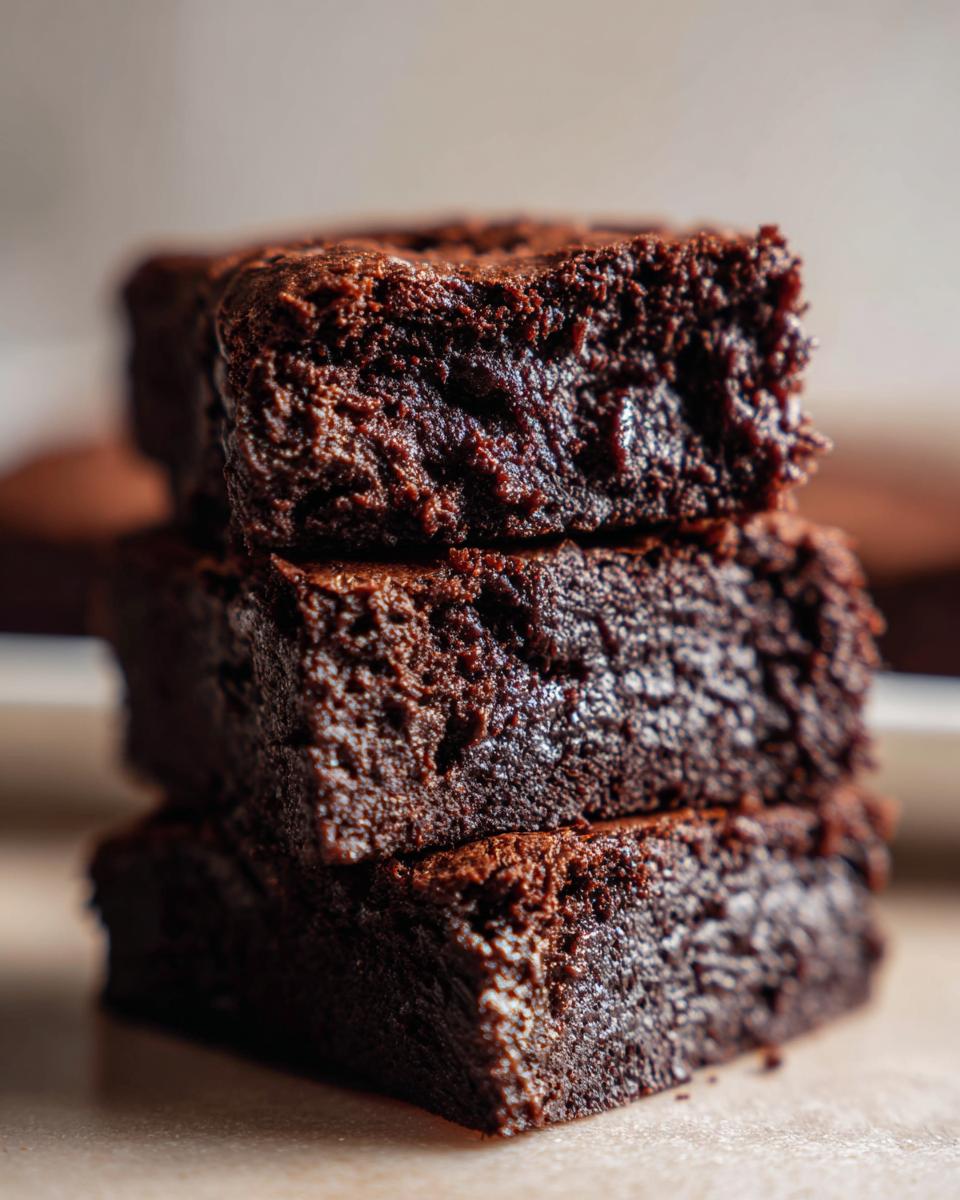 Close-up of three stacked, rich, dark chocolate Cottage Cheese Microwave Brownie squares showing a fudgy texture.