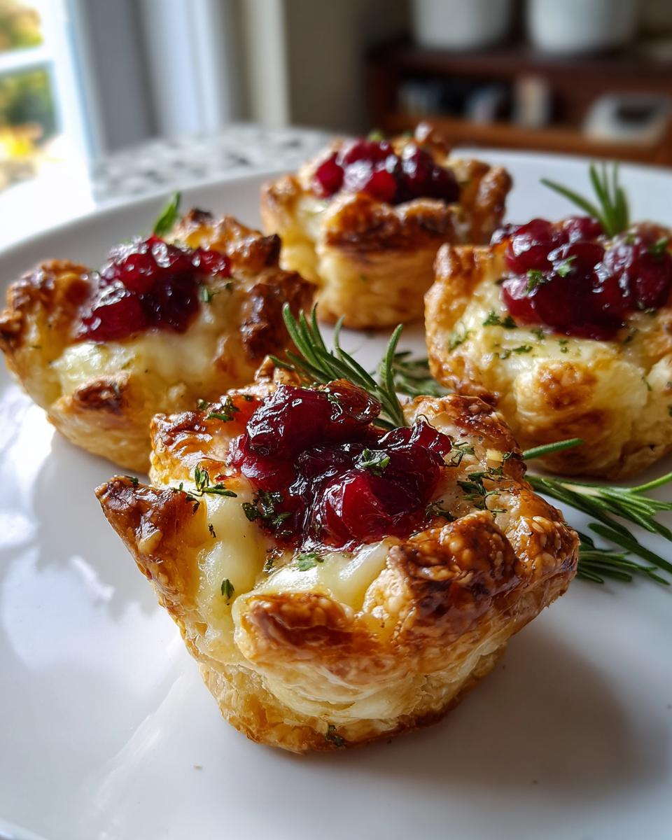 Four golden, flaky puff pastry cranberry brie bites topped with cranberry sauce and herbs, garnished with rosemary sprigs.