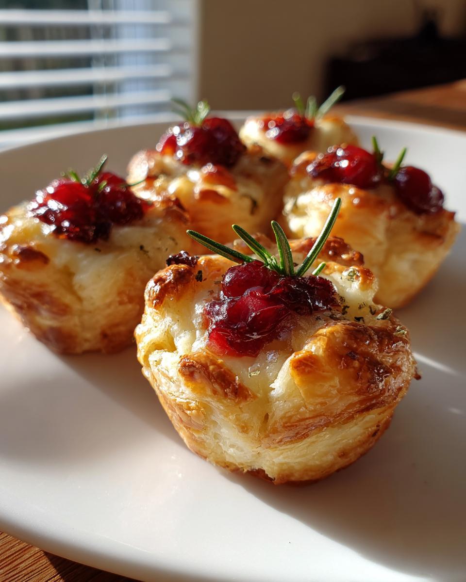 Close-up of golden baked cranberry brie bites topped with cranberry jam and fresh rosemary sprigs.