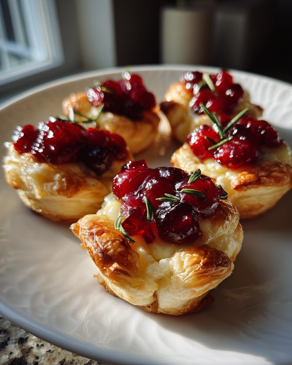 Close-up of warm cranberry brie bites made with flaky pastry, topped with cranberry sauce and rosemary.