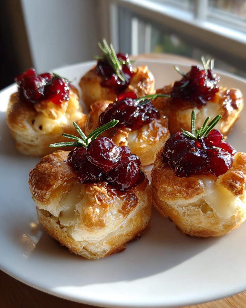 Six golden baked cranberry brie bites topped with dark red cranberry sauce and a sprig of fresh rosemary.