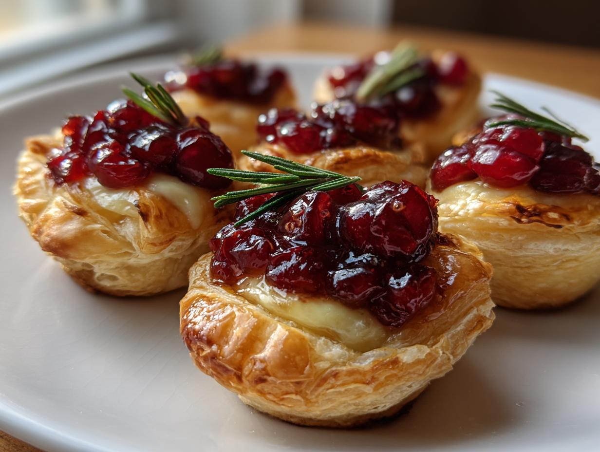 Five golden puff pastry cranberry brie bites topped with glossy cranberry sauce and a sprig of fresh rosemary.