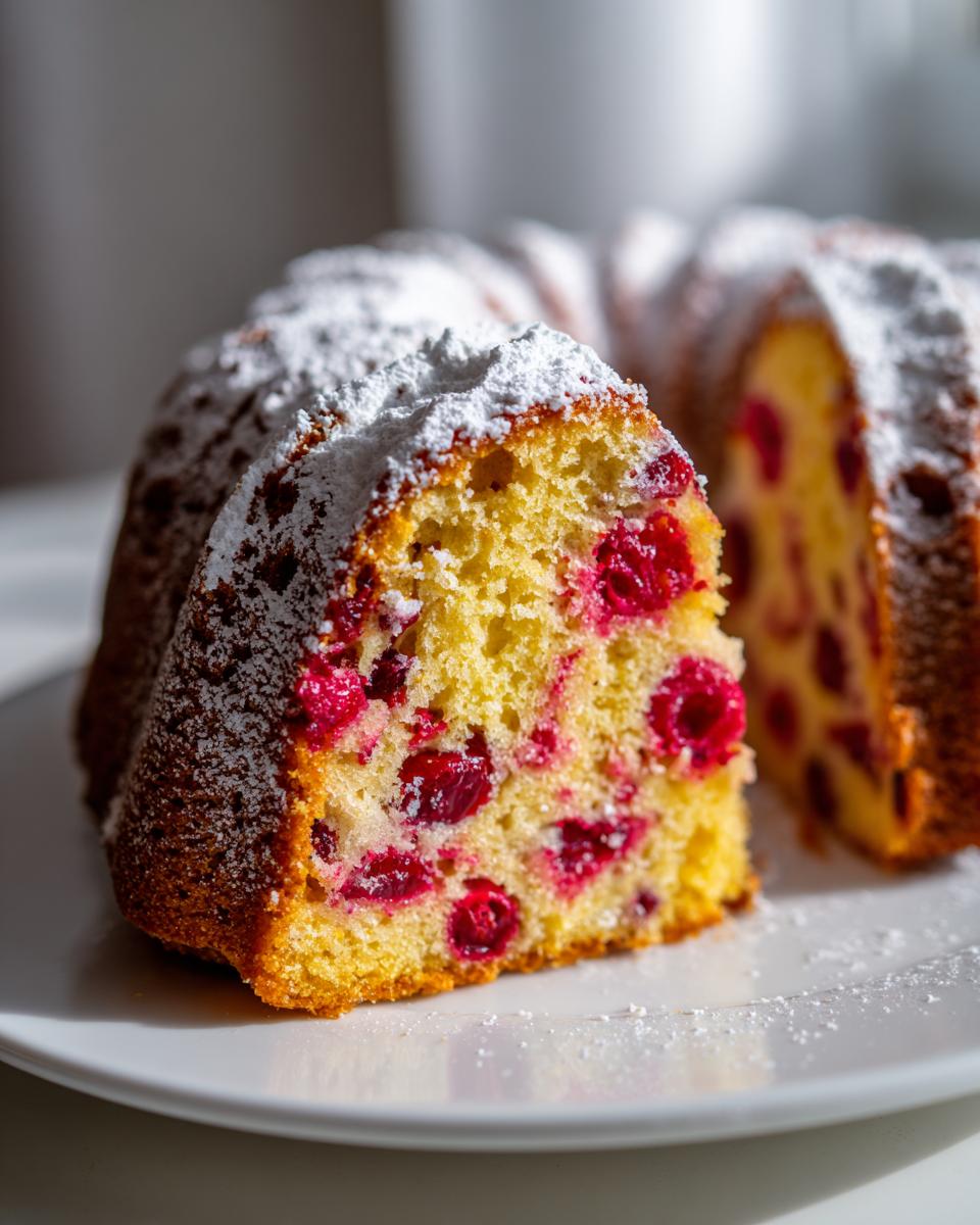 Close-up of a moist slice of cranberry orange cake, studded with bright red cranberries and dusted with powdered sugar.