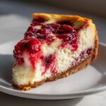 A perfect slice of cranberry orange cheesecake showing creamy filling and rich red cranberry topping on a white plate.