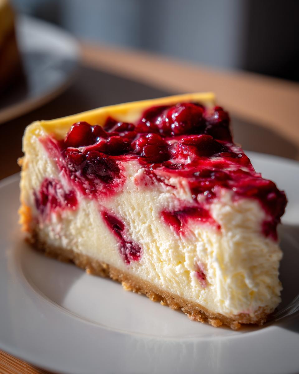 Close-up of a rich slice of cranberry orange cheesecake with a vibrant red berry swirl and topping on a white plate.