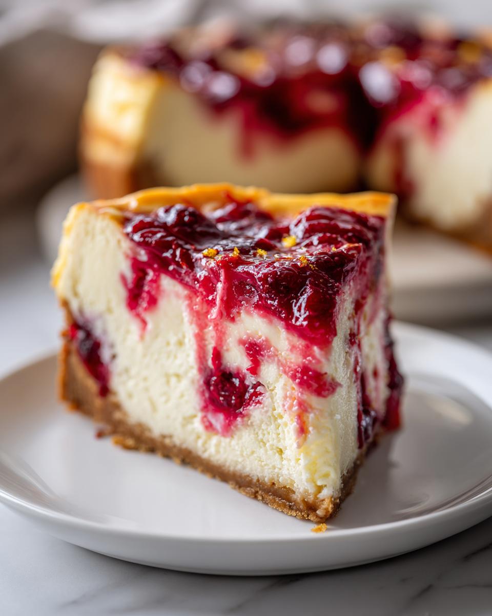 A close-up slice of rich cranberry orange cheesecake with a vibrant red swirl topping on a white plate.