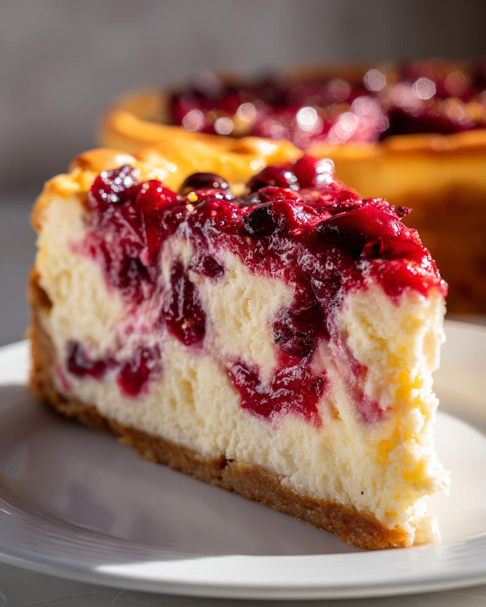 Close-up of a rich slice of cranberry orange cheesecake showing the creamy filling swirled with bright red cranberry topping.