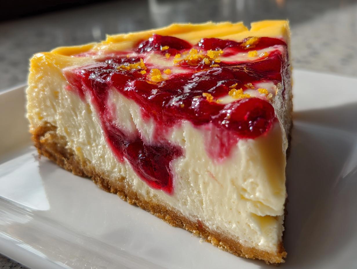 A close-up slice of creamy cranberry orange cheesecake topped with bright red cranberry swirl and orange zest.